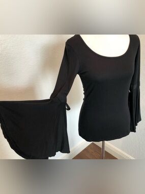Max Studio Black Split Bell Sleeve Scoop Neck Top Boho Revival